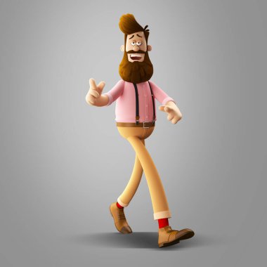 Sakallı, soyutlanmış, yakışıklı, genç bir hippinin üç boyutlu resmi.