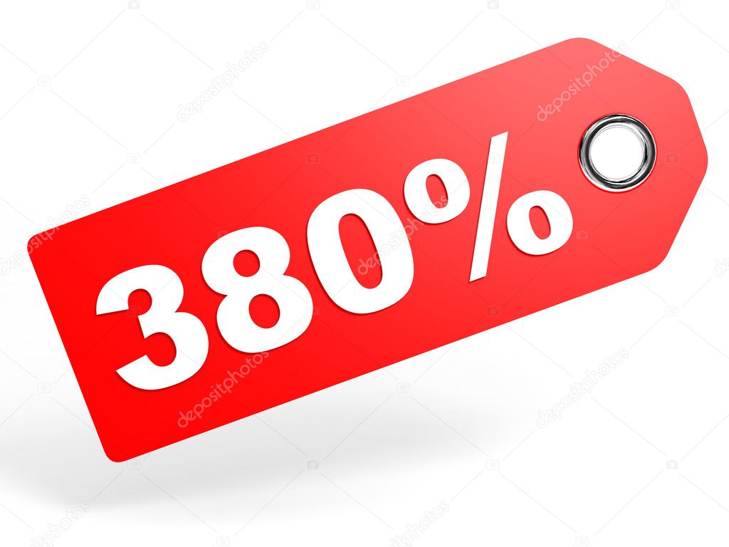 380 percent red discount tag on white background.