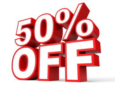 Kapalı yüzde 50 indirim. Beyaz arka plan üzerinde 3D çizim.