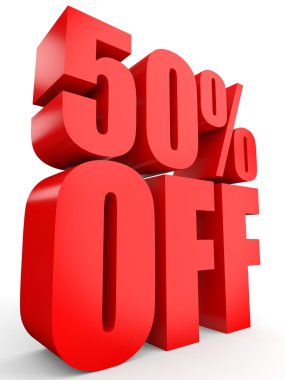 Kapalı yüzde 50 indirim. Beyaz arka plan üzerinde 3D çizim.