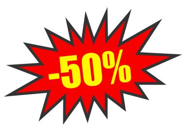 Kapalı yüzde 50 indirim. Beyaz arka plan üzerinde 3D çizim.
