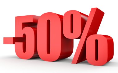 Kapalı yüzde 50 indirim. Beyaz arka plan üzerinde 3D çizim.