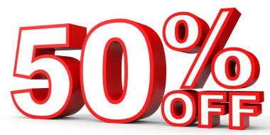 Kapalı yüzde 50 indirim. Beyaz arka plan üzerinde 3D çizim.