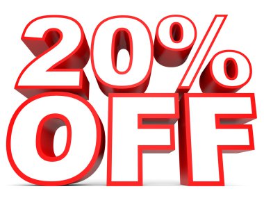 Kapalı yüzde 20 indirim. Beyaz arka plan üzerinde 3D çizim.