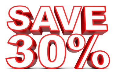 Kapalı yüzde 30 indirim. Beyaz arka plan üzerinde 3D çizim.