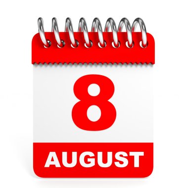 Takvim beyaz arka plan üzerinde. 8 Ağustos.
