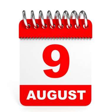 Takvim beyaz arka plan üzerinde. 9 Ağustos.