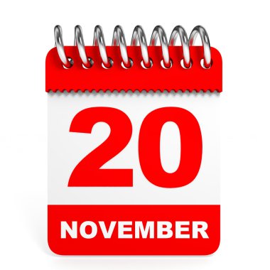 Takvim beyaz arka plan üzerinde. 20 Kasım.