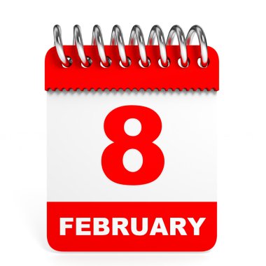 Takvim beyaz arka plan üzerinde. 8 Subat.