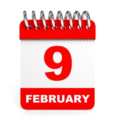 Takvim beyaz arka plan üzerinde. 9 Şubat.