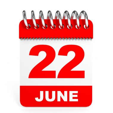Takvim beyaz arka plan üzerinde. 22 Haziran.