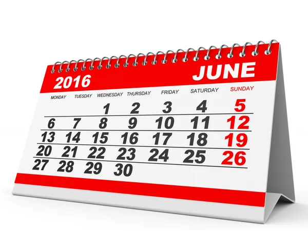 Kalendarz czerwca 2016. — Zdjęcie stockowe
