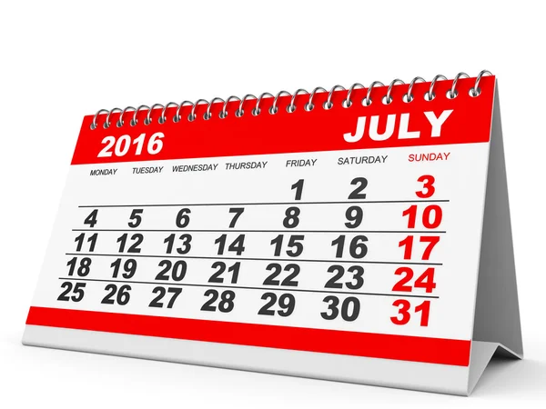 Calendario Julio 2016 . — Foto de Stock