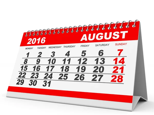 Calendario Agosto 2016 . — Foto de Stock