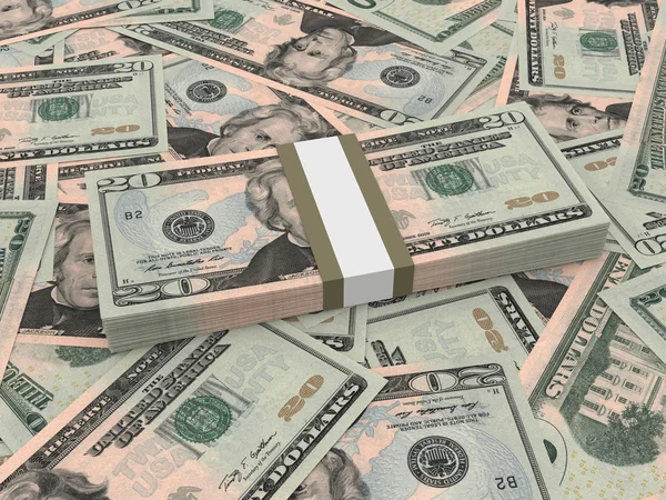 Bundle of twenty dollars bank notes on the background. — Stock Photo, Image