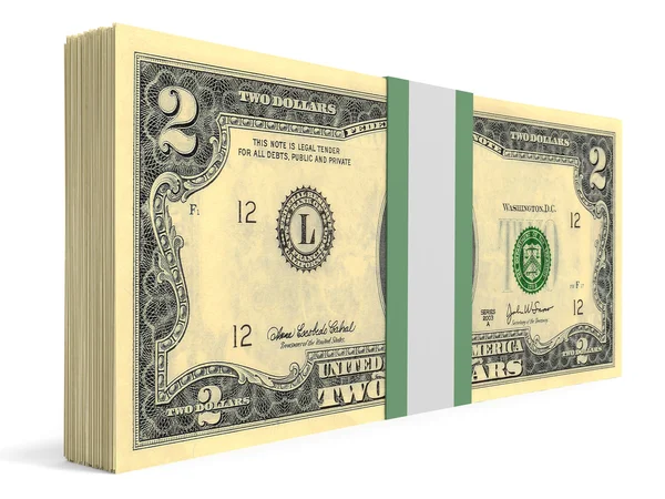 Pack van bankbiljetten. Twee dollar. — Stockfoto