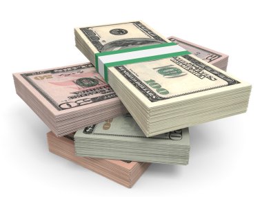 Para yığını. Farklı Doları banka notları.
