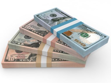 Para yığını. Farklı Doları banka notları.