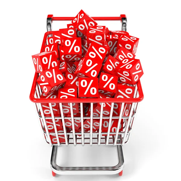 Carrinho de compras com cubos vermelhos com percentagem . — Fotografia de Stock