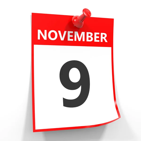 9 november calendar sheet with red pin. — Stock Photo, Image