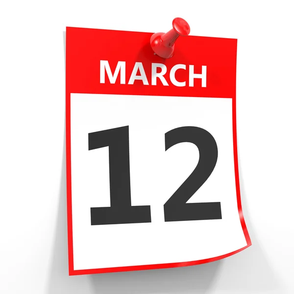 Hoja de calendario 12 marzo con pasador rojo . — Foto de Stock