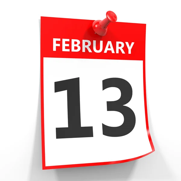13 lutego kalendarz arkusz z czerwona Pinezka. — Zdjęcie stockowe