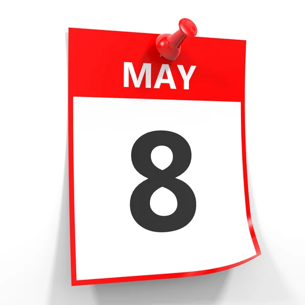 8 травня аркуш календаря з червоним штифтом . — стокове фото