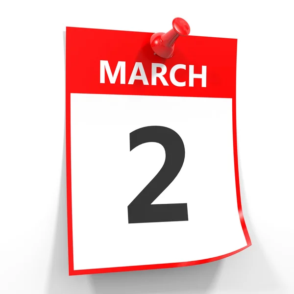 2 marca kalendarz arkusz z czerwona Pinezka. — Zdjęcie stockowe