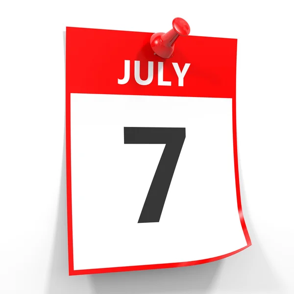 7 липня аркуш календаря з червоним штифтом . — стокове фото