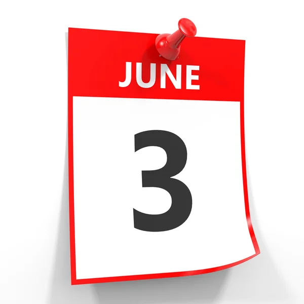 3 Ιουνίου φύλλο ημερολογίου με την κόκκινη καρφίτσα. — Φωτογραφία Αρχείου