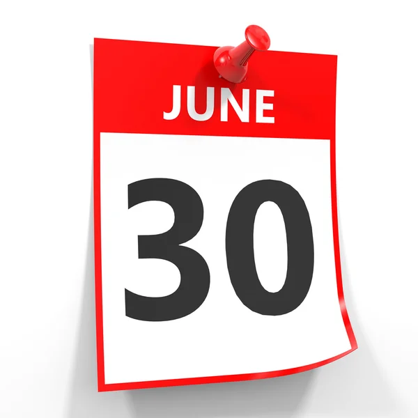 30 июня календарный лист с красной булавкой . — стоковое фото