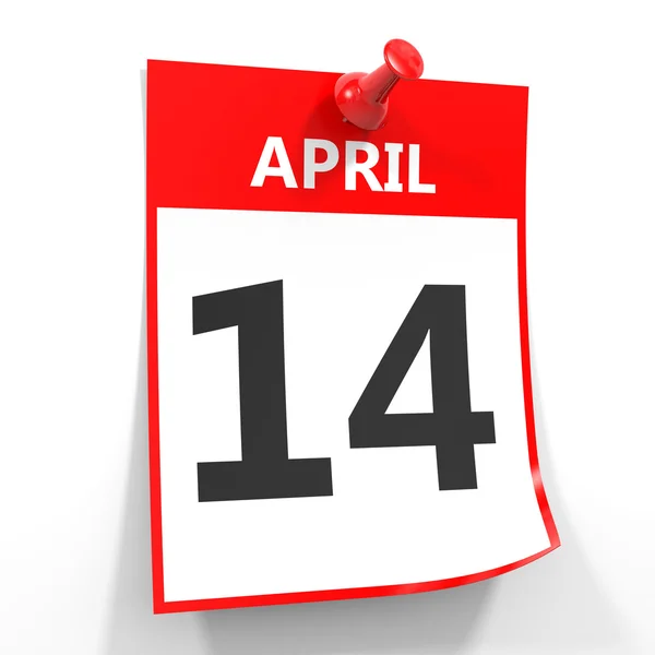14 квітня аркуш календаря з червоним штифтом . — стокове фото