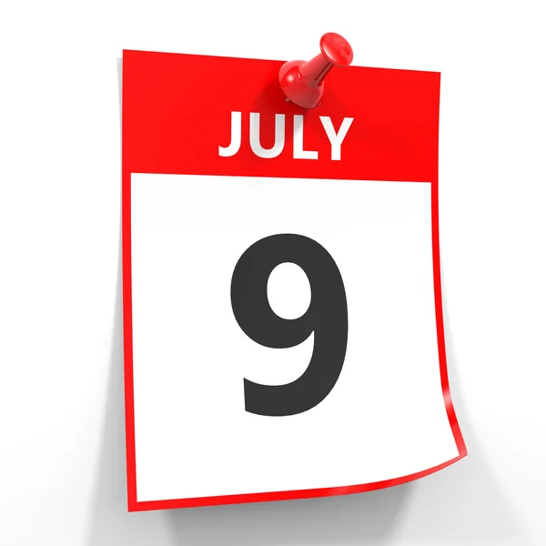 Kalenderblatt vom 9. Juli mit roter Nadel. — Stockfoto