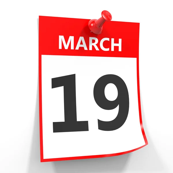 19 march calendar sheet with red pin. — Stock Photo, Image