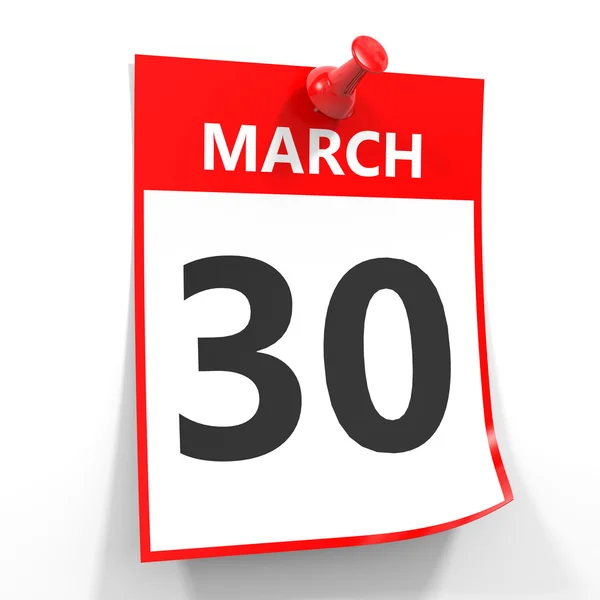 30 march calendar sheet with red pin. — Stock Photo, Image