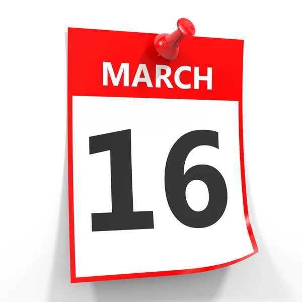 16 marca kalendarz arkusz z czerwona Pinezka. — Zdjęcie stockowe