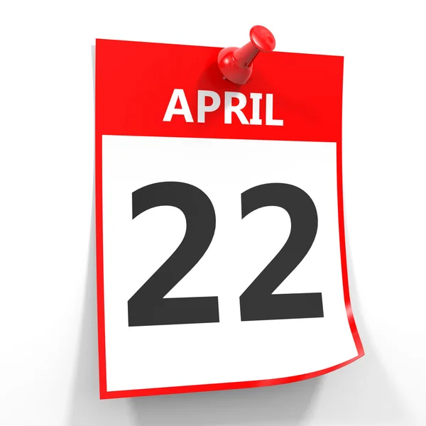 22 april calendar sheet with red pin. — Stock Photo, Image