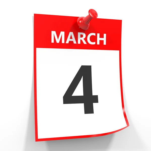 4 marca kalendarz arkusz z czerwona Pinezka. — Zdjęcie stockowe