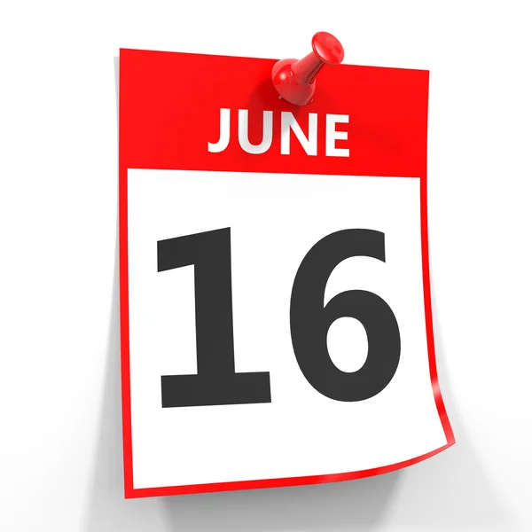 16 июня календарный лист с красной булавкой . — стоковое фото