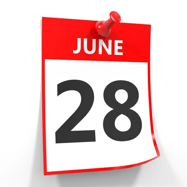 28 czerwca kalendarz arkusz z czerwona Pinezka. — Zdjęcie stockowe