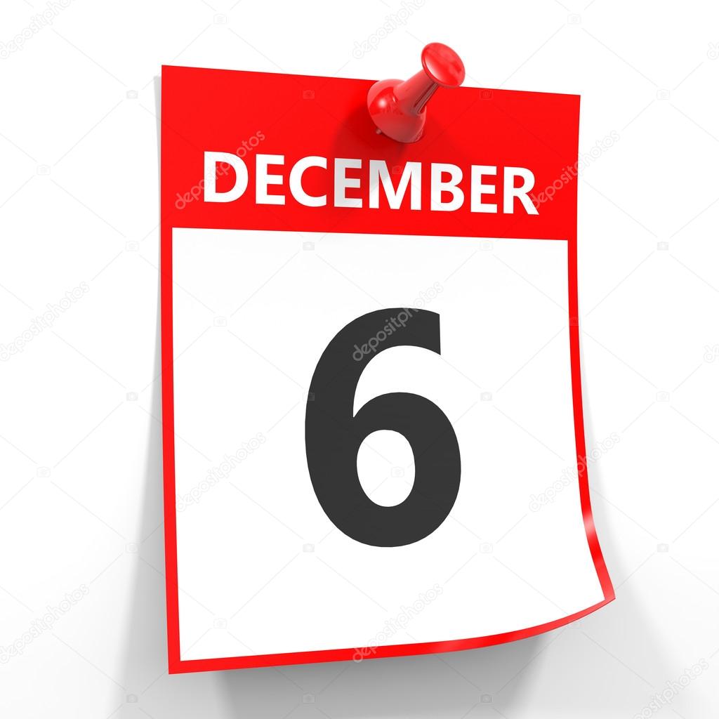 6 hoja de calendario diciembre con pin rojo . — Fotos de Stock