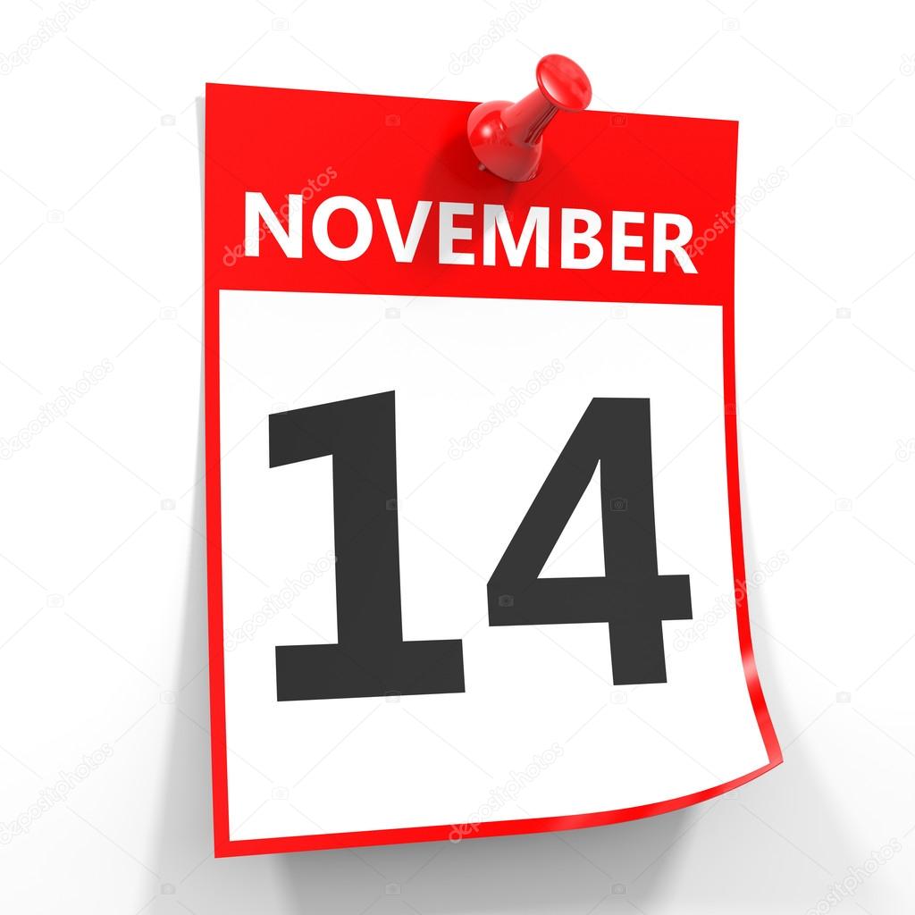 11 月 14 日日历板料用红色别针. — 图库照片©iCreative3D＃89666800