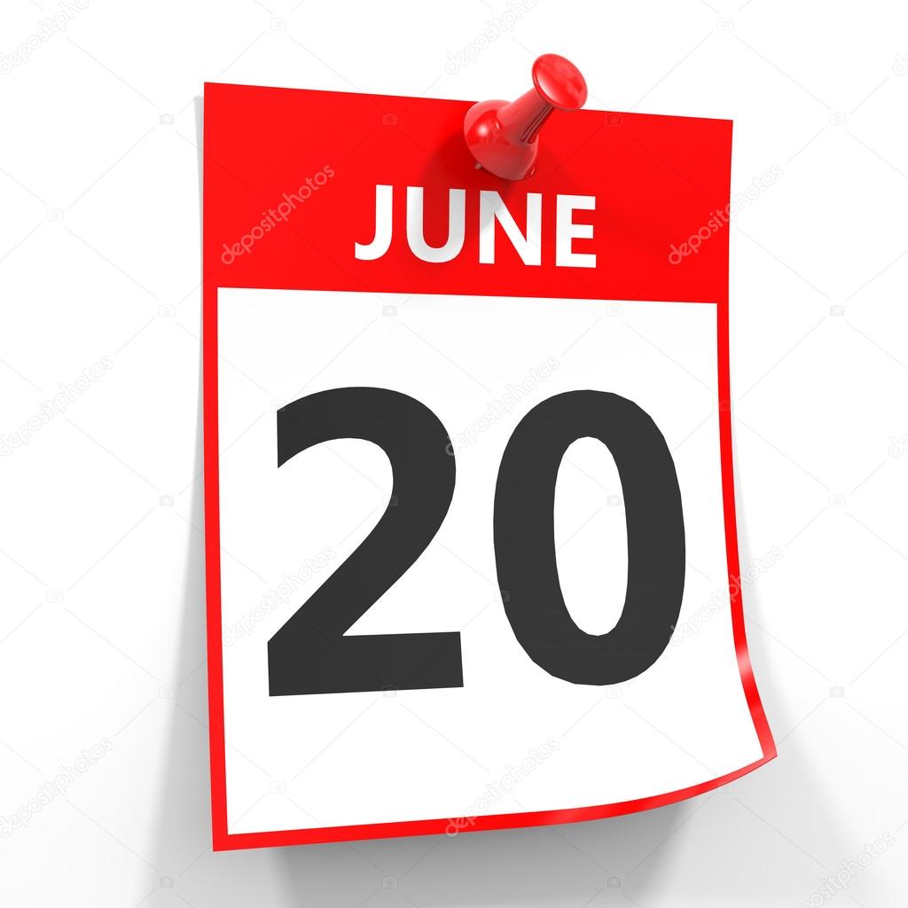 20 hoja de calendario de junio con pin rojo . — Foto de Stock