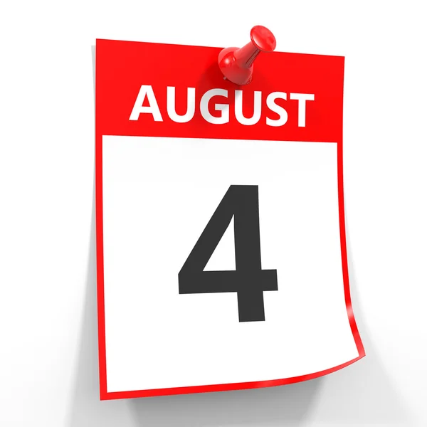 Arkusz 4 sierpnia kalendarz z czerwona Pinezka. — Zdjęcie stockowe