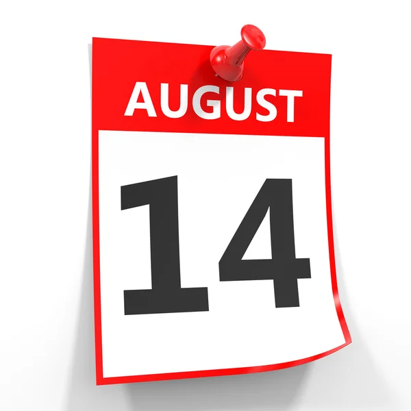 14 Sierpień kalendarz arkusz z czerwona Pinezka. — Zdjęcie stockowe