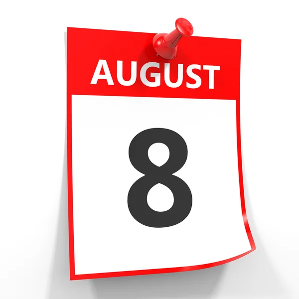 Arkusz 8 sierpień kalendarz z czerwona Pinezka. — Zdjęcie stockowe