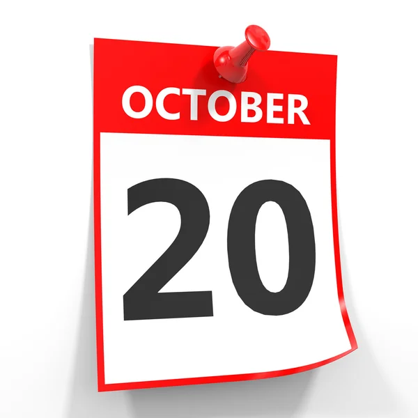 20 oktober kalender blad met rode pin. — Stockfoto