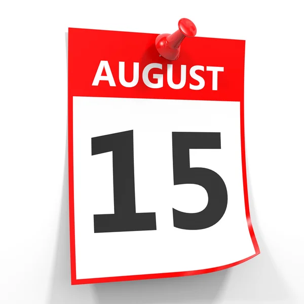15 sierpień kalendarz arkusz z czerwona Pinezka. — Zdjęcie stockowe