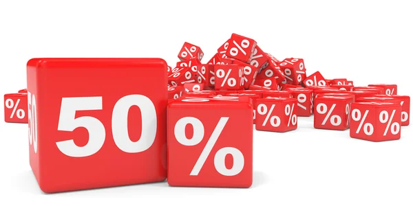 Rote Verkaufswürfel. Fünfzig Prozent Rabatt. — Stockfoto