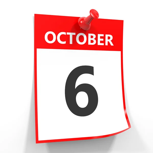 6 października kalendarz arkusz z czerwona Pinezka. — Zdjęcie stockowe